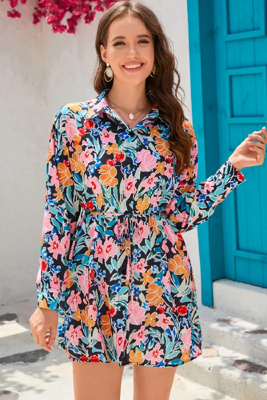 Multicolor Floral Buttoned Collared Long Sleeve Mini Dress Comfortable Ruffle Mini Dress