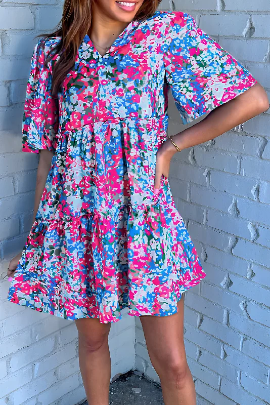 Multicolour Floral Short Sleeve V Neck Tiered Mini Dress Comfortable One-Shoulder Mini Dress