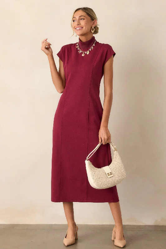 My Lifestyle Burgundy Mock Neck Midi Dress Elegant Pleated Sleeve Midi Dress