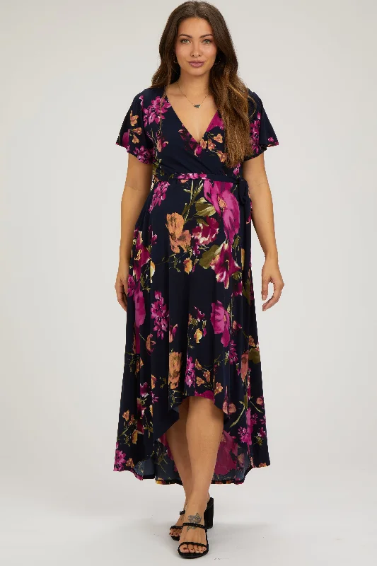 Navy Blue Floral Print Wrap Front V-Neck Hi-Low Maternity Midi Dress Comfortable Sleeveless Midi Dress