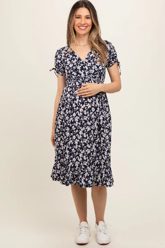 Navy Blue Floral Wrap Maternity Midi Dress Stylish Satin Midi Dress