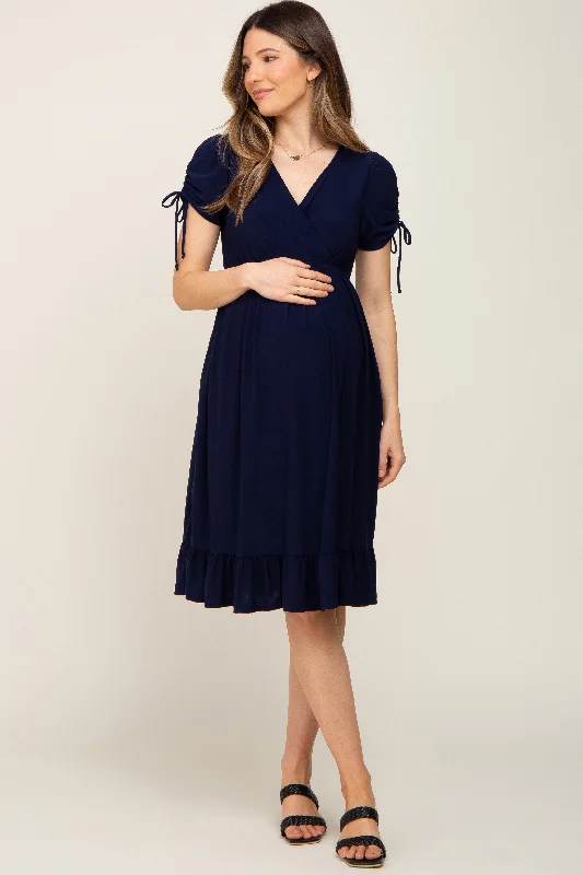 Navy Cinched Sleeve Maternity Midi Dress Comfortable Fit-and-Flare Midi Dress