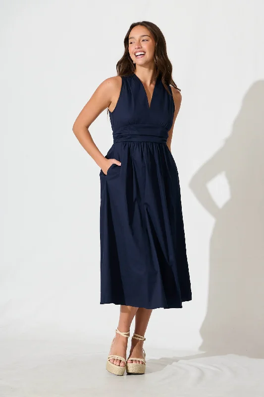 Odelle Midi Dress in Navy Cotton Stylish Pleated Skirt Midi Dress