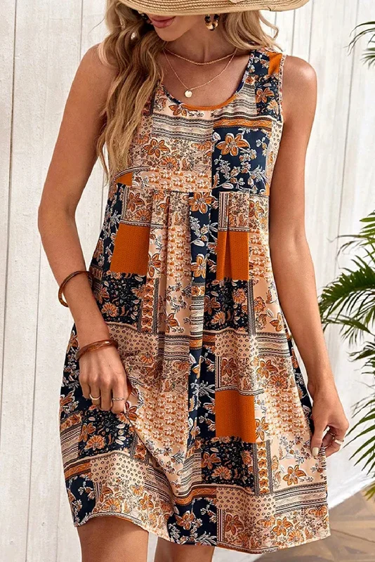 Orange Retro Floral Patchwork Print Sleeveless Mini Dress Fashionable Summer Mini Dress