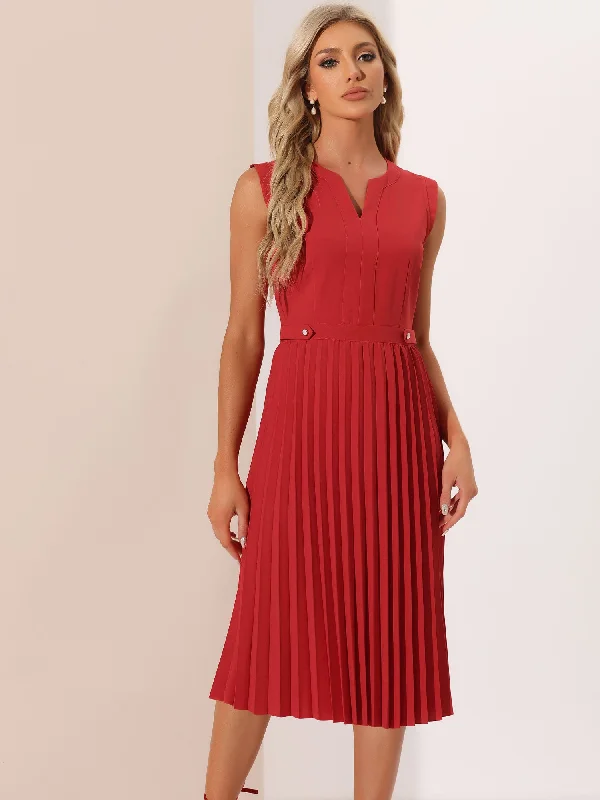 Sleeveless Dress Casual V Neck Button Pleated Midi Dress Stylish Midi Dress with Cuffs