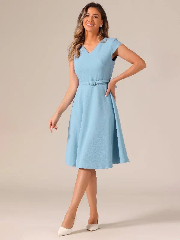 Belted V Neck Cap Sleeve Flowy A-line Midi Dress Trendy Ruched Side Midi Dress