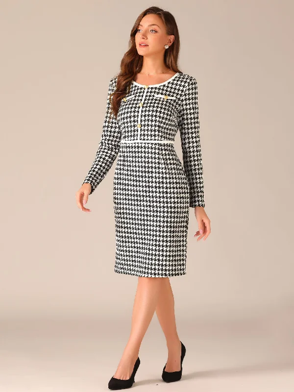 Houndstooth Round Neck Long Sleeve Sheath Midi Dress Trendy Square Neck Midi Dress