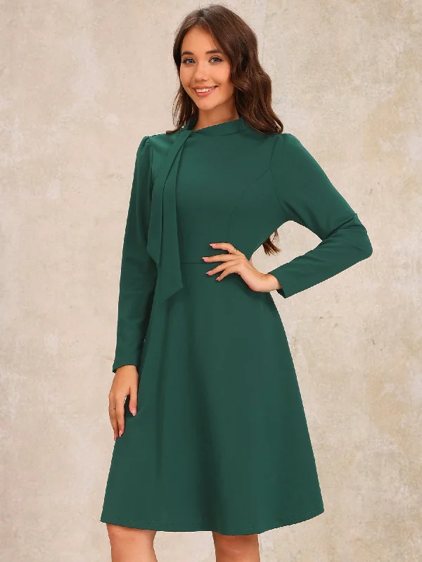 Tie Mock Neck Long Sleeves A-Line Midi Dress Comfortable Short Sleeve Midi Dress