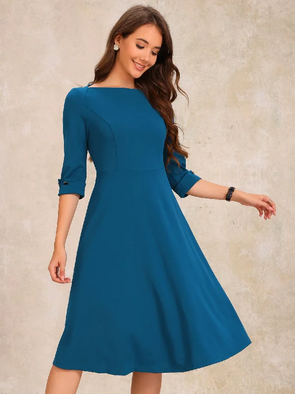 3/4 Sleeve Boat Neck Solid Color A-Line Midi Dress Trendy Bodycon Midi Dress