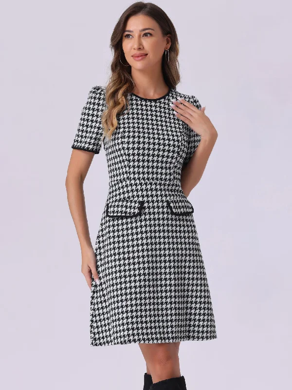 Houndstooth Puff Sleeves Round Neck Midi Dress Cozy Ribbed Knit Midi Dress