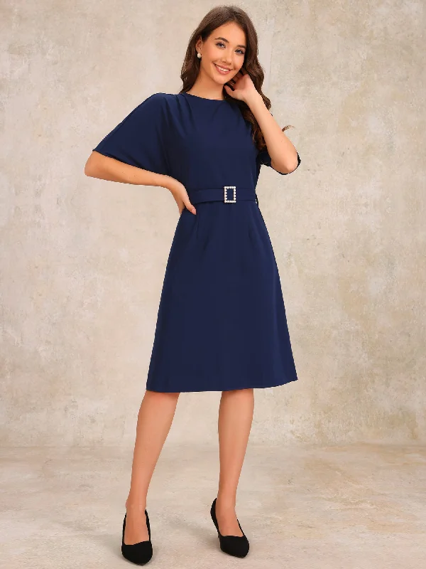 Short Sleeves Crew Neck Belted A-Line Midi Dress Chic Bohemian Midi Dress