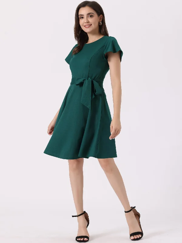 Tie Waist Round Neck Ruffle Short Sleeves Midi Dress Comfortable Casual Midi Dress