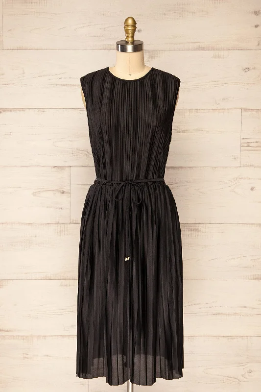 Padstow Black | Sleeveless Pleated Midi Dress Trendy Off-Shoulder Button Midi Dress