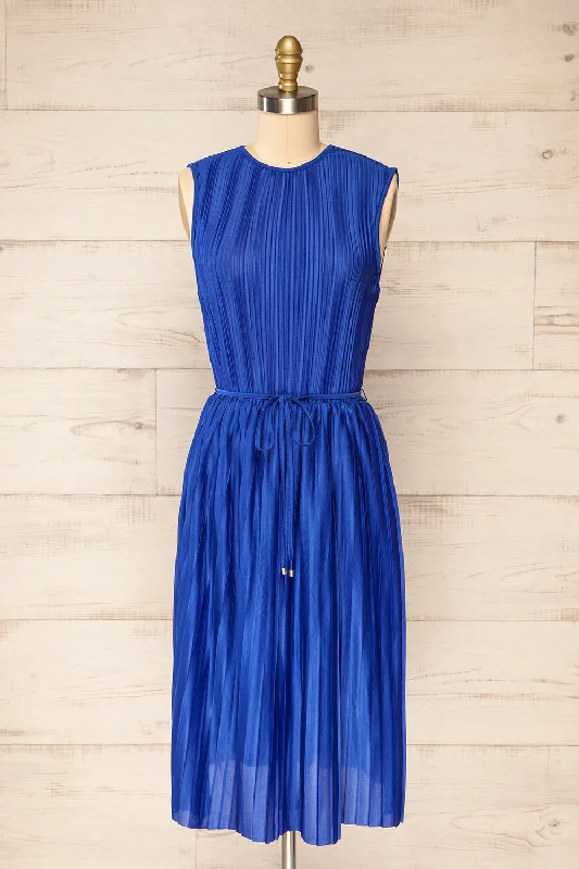 Padstow Blue | Sleeveless Pleated Midi Dress Comfortable Sleeveless Midi Dress