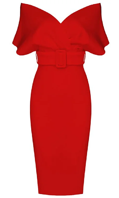 Perfectly Posh Red Elbow Sleeve Cross Wrap V Neck Off The Shoulder Belted Bodycon Midi Dress Trendy Square Neck Midi Dress