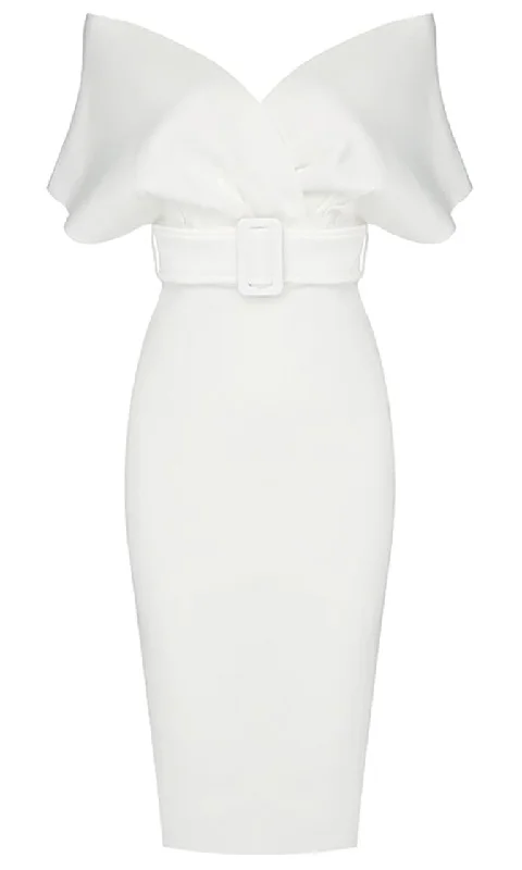 Perfectly Posh White Elbow Sleeve Cross Wrap V Neck Off The Shoulder Belted Bodycon Midi Dress Elegant Satin Button Midi Dress