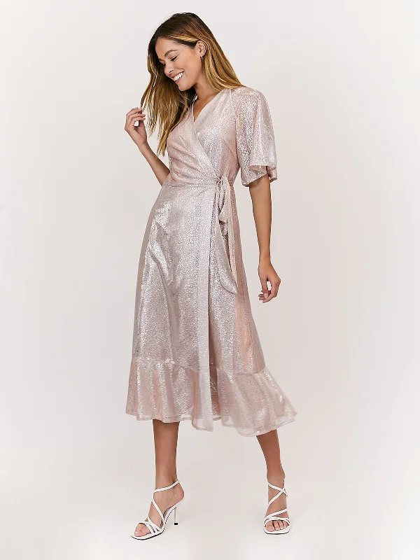 Peyton Angel Sleeve Blush Metallic Wrap Midi Dress Trendy Square Neck Midi Dress