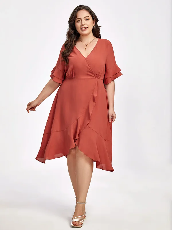 Plus Batwing Sleeve V-Neck Knot Side Wrap Midi Dress Elegant Satin Button Midi Dress