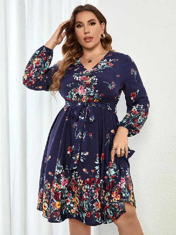 Plus Blue Floral Wrap Lantern Sleeve Midi Dress Fashionable High-Neck Midi Dress