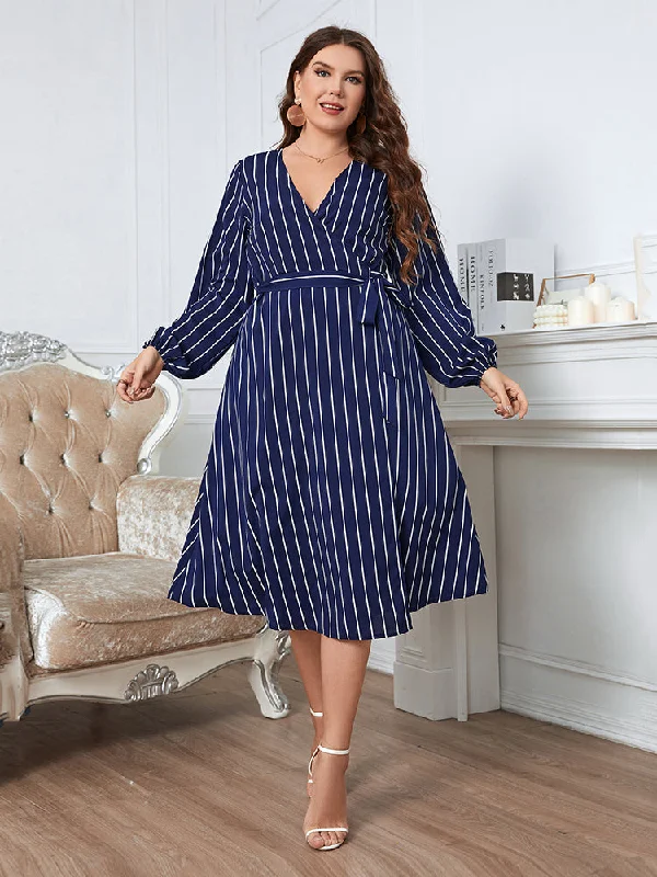 Plus Blue Striped Crisscross Wrap Midi Dress Comfortable Geometric Print Midi Dress