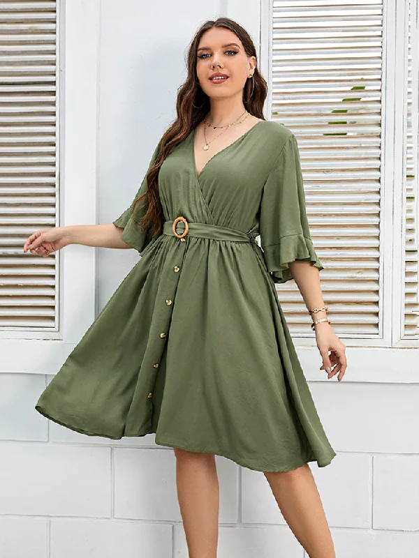 Plus Green Button Tie Back Wrap Ruffle Sleeve Midi Dress Elegant Satin Button Midi Dress