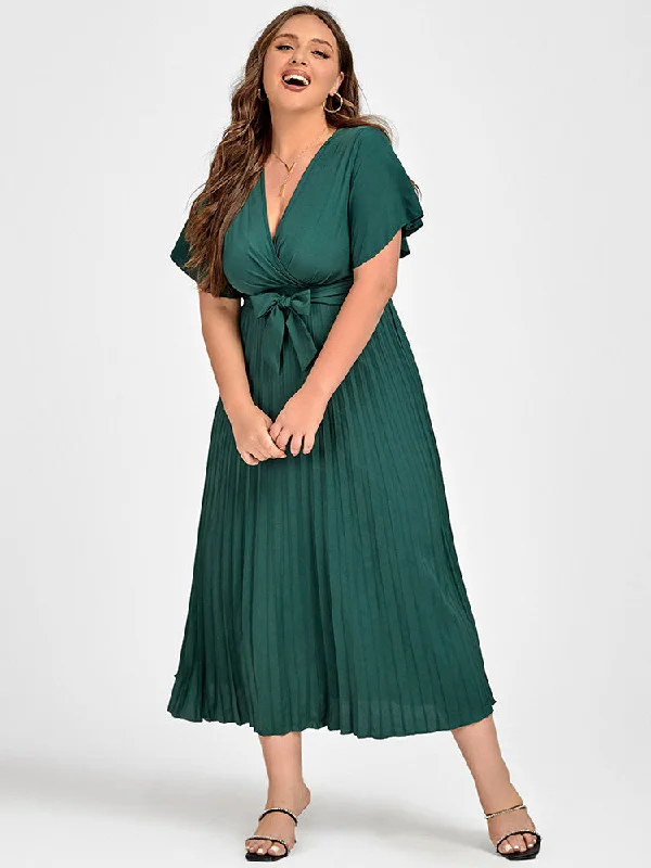 Plus Green Ruffle Sleeve Wrap Midi Dress Stylish Pleated Skirt Midi Dress