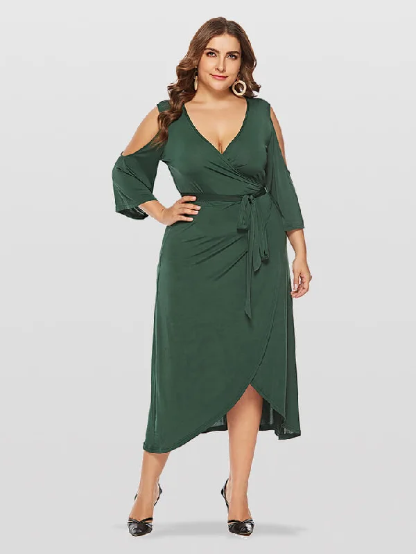 Plus Green V-Neck Cold Shoulder Wrap Ditsy Midi Dress Fashionable Floral Embroidery Midi Dress