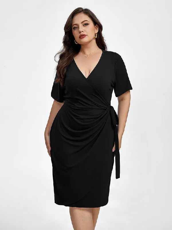 Plus Plain Crisscross Ruched Wrap Party Midi Dress Stylish Satin Midi Dress