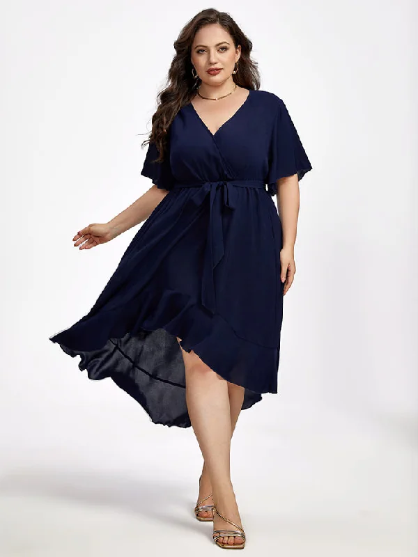 Plus Ruffle Sleeve V-Neck Knot Side Wrap Ditsy Midi Dress Cozy Midi Dress with Pockets