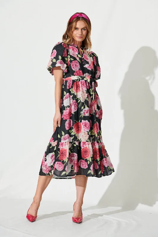 Portofino Midi Dress In Black And Pink Floral Elegant Floral Skirt Midi Dress