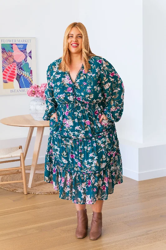 Yasmin Teal Floral Midi Dress Cozy Knit Midi Dress