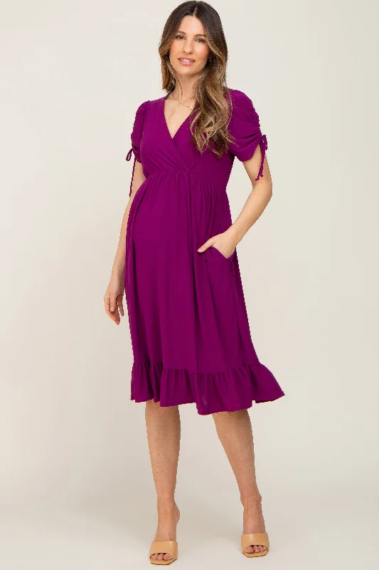 Purple Cinched Sleeve Maternity Midi Dress Fashionable One-Shoulder Midi Dress