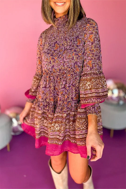 Purple Floral Smocked Puff Sleeve High Neck Mini Dress Trendy Camisole Mini Dress