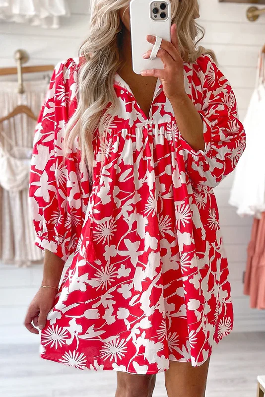 Red Floral Print Puff Sleeve Split Neck Babydoll Mini Dress Chic Puff Sleeve Mini Dress