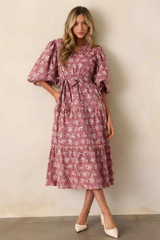 Rustic Allure 100% Cotton Dark Sangria Floral Midi Dress Trendy Knit Midi Dress