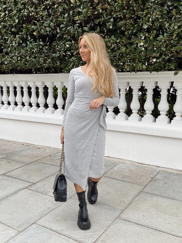 Selena V Neck Jersey Wrap Midi Dress / Grey Elegant Maxi-Midi Hybrid Dress