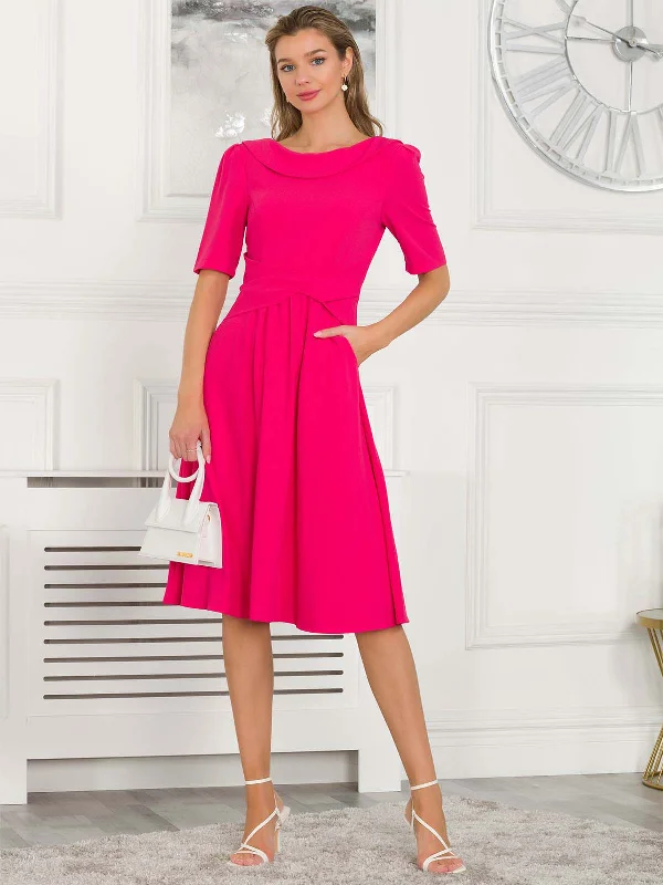 Sharon Collar Midi Dress, Hot Pink Cozy Midi Dress with Pockets