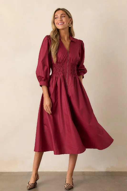 Shift in Perspective Dark Sangria Midi Dress Stylish Off-Shoulder Ruffle Dress