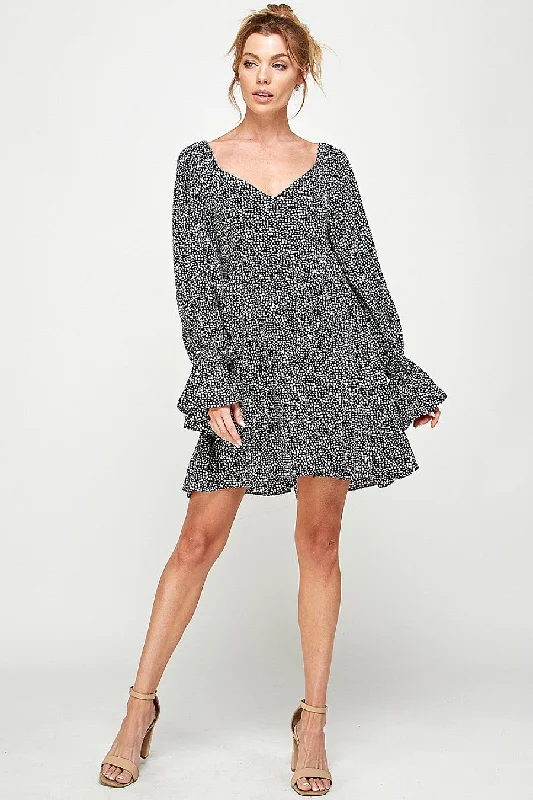 Short Printed Long Sleeve Mini Dress Fashionable Off-Shoulder Mini Dress