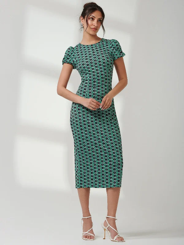 Short Sleeve Jersey Bodycon Midi Dress, Green Geo Trendy Long Sleeve Midi Dress