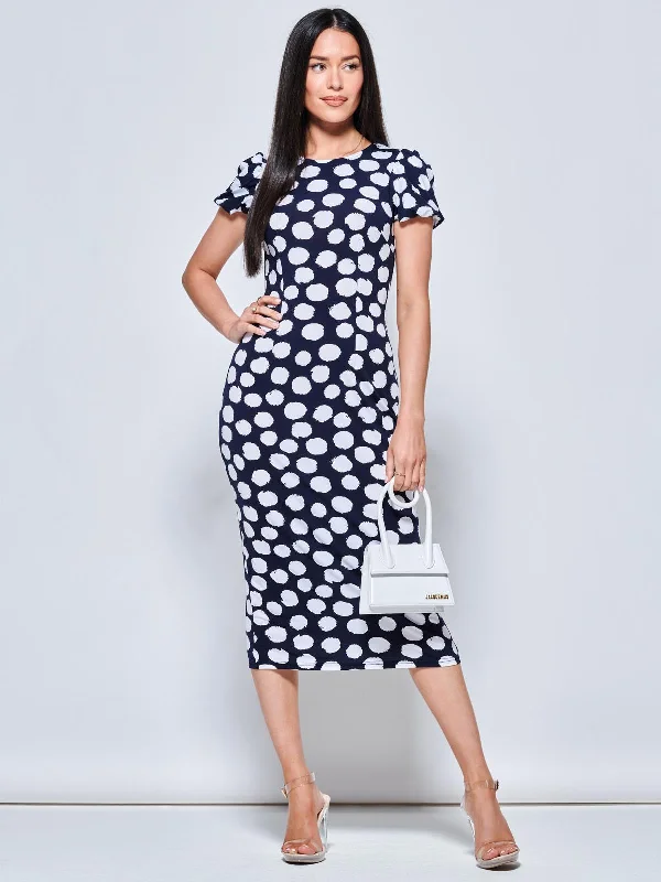 Short Sleeve Jersey Bodycon Midi Dress, Navy Polka Dot Elegant Lace Trim Midi Dress