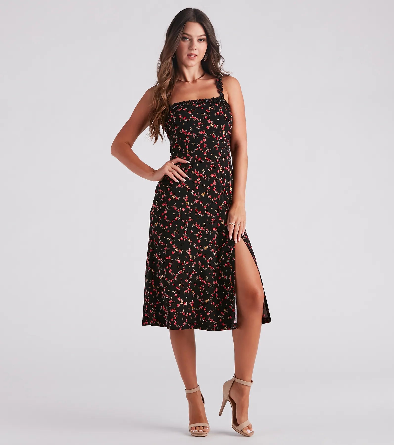 So In Love Floral A-Line Midi Dress Stylish Pleated Skirt Midi Dress