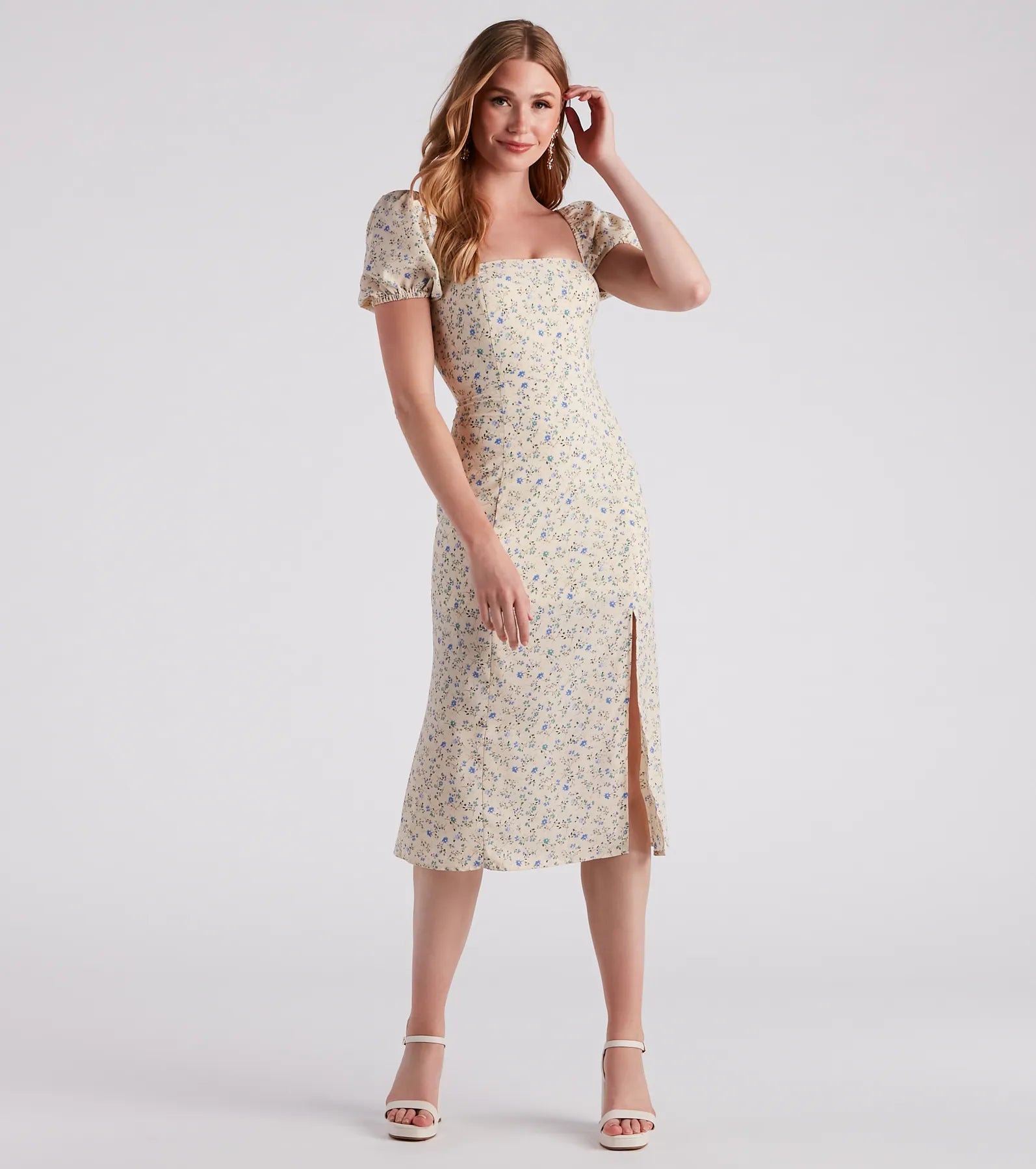 Spring Stroll Ditsy Floral Midi Dress Elegant Lace Trim Midi Dress