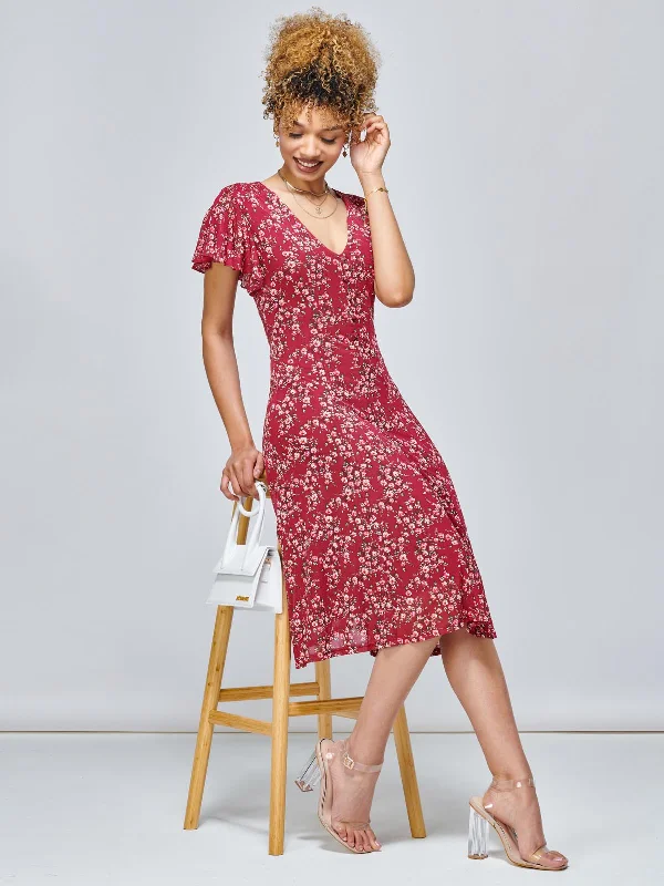 Stacy Floral Print Cross Front Midi Dress, Wine Floral Comfortable Draped Midi Dress