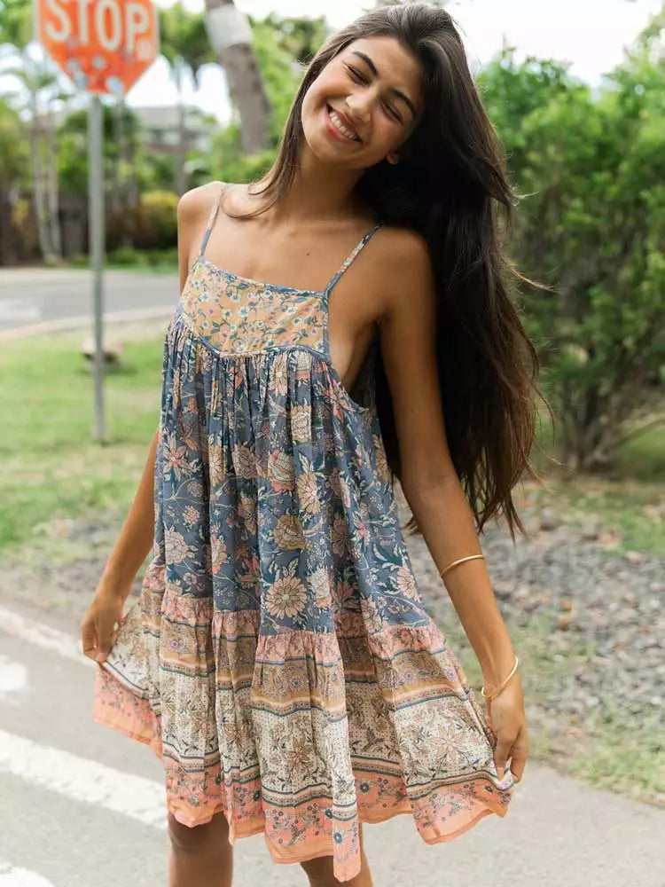 STRAPPY MINI DRESS for women blue floral print dress women hot summer dress holiday tunic boho beach dress Elegant Satin Lace Mini Dress