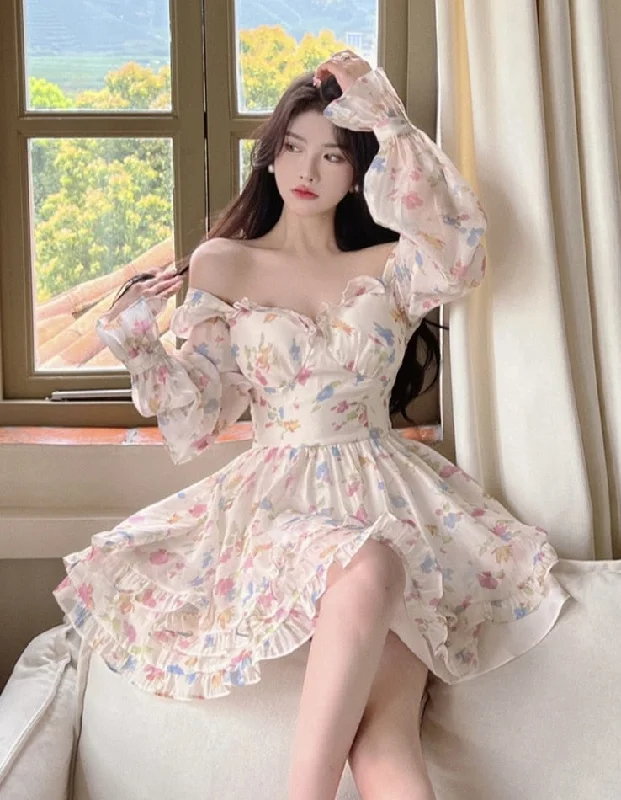 Summer Sweet V-Neck Floral Chiffon Dress Women Elegant Long Sleeve Ruffles Party Mini Dresses Female Korean Chic Slim Vestidos Fashionable A-Line Mini Dress