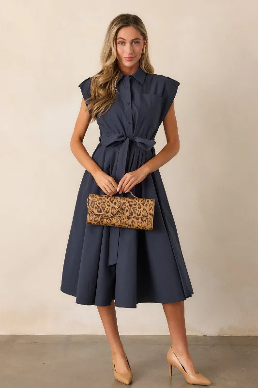 Ties To You 100% Cotton Navy Cap Sleeve Midi Dress Elegant Floral Skirt Midi Dress