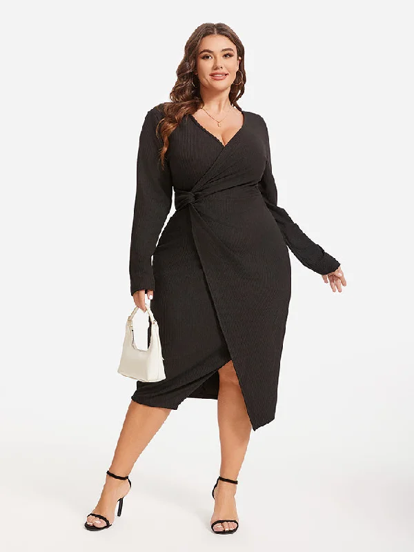 Solid Twist Front Wrap Hem Midi Dress Trendy Off-Shoulder Ruffle Midi Dress