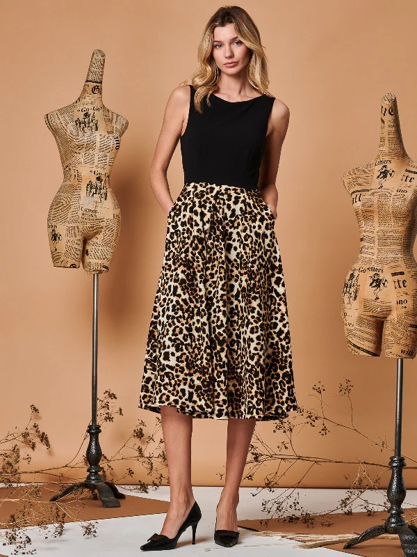 Two Tone Contrast Print Midi Dress, Animal Multi Trendy Midi Dress with Belt