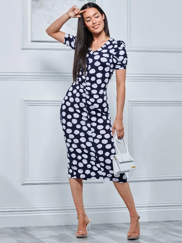 V Neck Bodycon Midi Dress, Navy Spot Elegant Pleated Sleeve Midi Dress